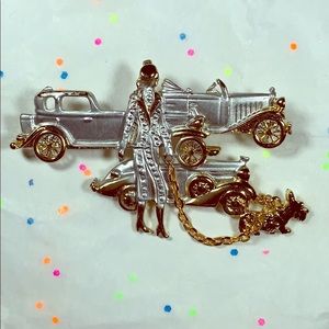 Woman Walking Scottie Dog Fashion Brooch